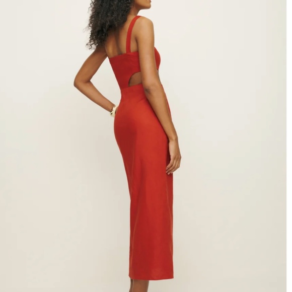 NEW Reformation Satori Linen Midi Dress - Blood Orange Vacation Party Cut Out - Picture 10 of 11